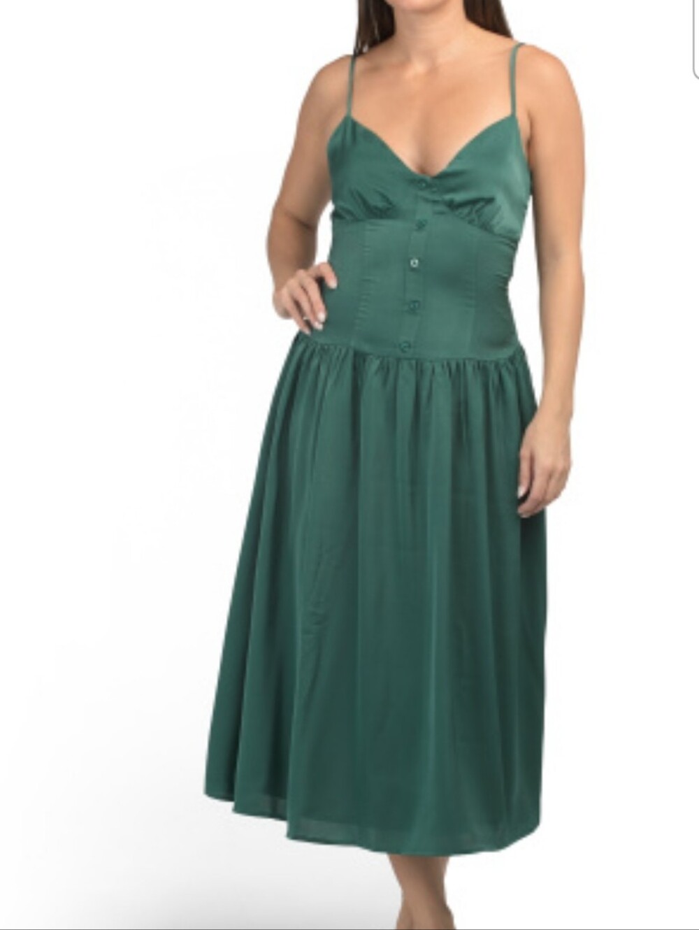NWOT Le Lis Emerald Green Satin Drop Waist Corset Midi Dress - Size Medium